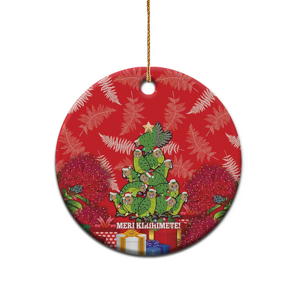 Kakapo New Zealand Christmas Ceramic Ornament Meri Kirihimete Pohutukawa - Red Color