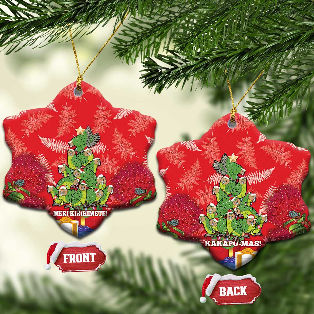 Kakapo New Zealand Christmas Ceramic Ornament Meri Kirihimete Pohutukawa - Red Color