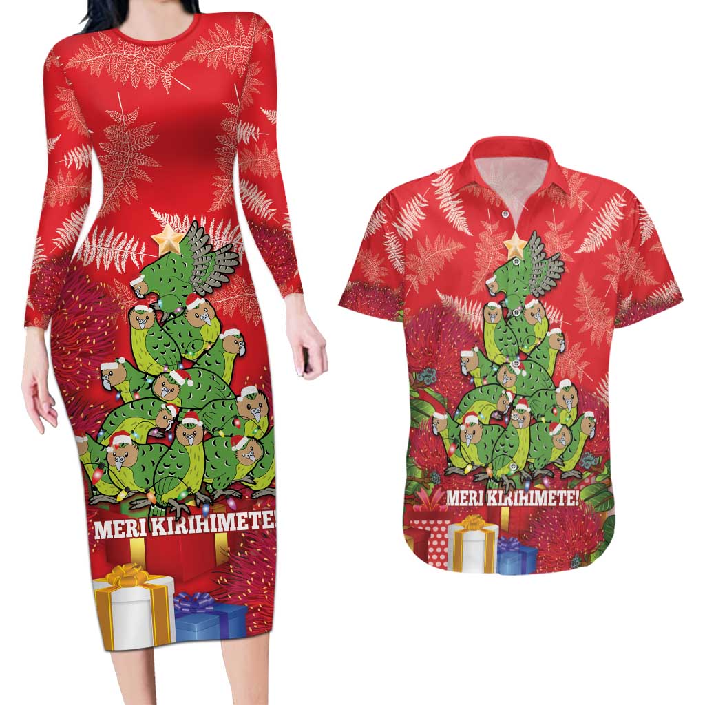 Kakapo New Zealand Christmas Couples Matching Long Sleeve Bodycon Dress and Hawaiian Shirt Meri Kirihimete Pohutukawa - Red Color LT14 Red - Polynesian Pride