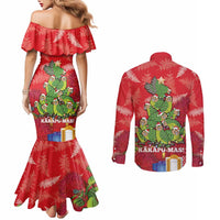 Kakapo New Zealand Christmas Couples Matching Mermaid Dress and Long Sleeve Button Shirt Meri Kirihimete Pohutukawa - Red Color LT14 - Polynesian Pride