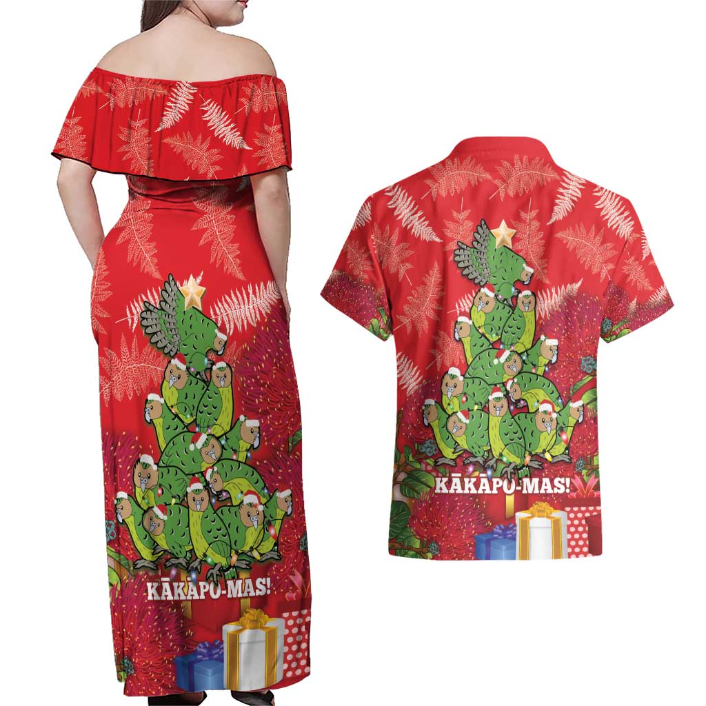 Kakapo New Zealand Christmas Couples Matching Off Shoulder Maxi Dress and Hawaiian Shirt Meri Kirihimete Pohutukawa - Red Color LT14 - Polynesian Pride