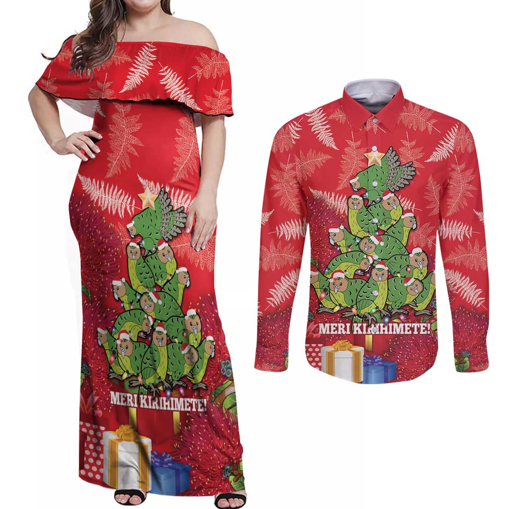Kakapo New Zealand Christmas Couples Matching Off Shoulder Maxi Dress and Long Sleeve Button Shirt Meri Kirihimete Pohutukawa - Red Color LT14 Red - Polynesian Pride