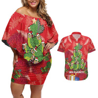 Kakapo New Zealand Christmas Couples Matching Off Shoulder Short Dress and Hawaiian Shirt Meri Kirihimete Pohutukawa - Red Color LT14 Red - Polynesian Pride
