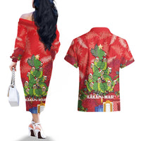 Kakapo New Zealand Christmas Couples Matching Off The Shoulder Long Sleeve Dress and Hawaiian Shirt Meri Kirihimete Pohutukawa - Red Color LT14 - Polynesian Pride