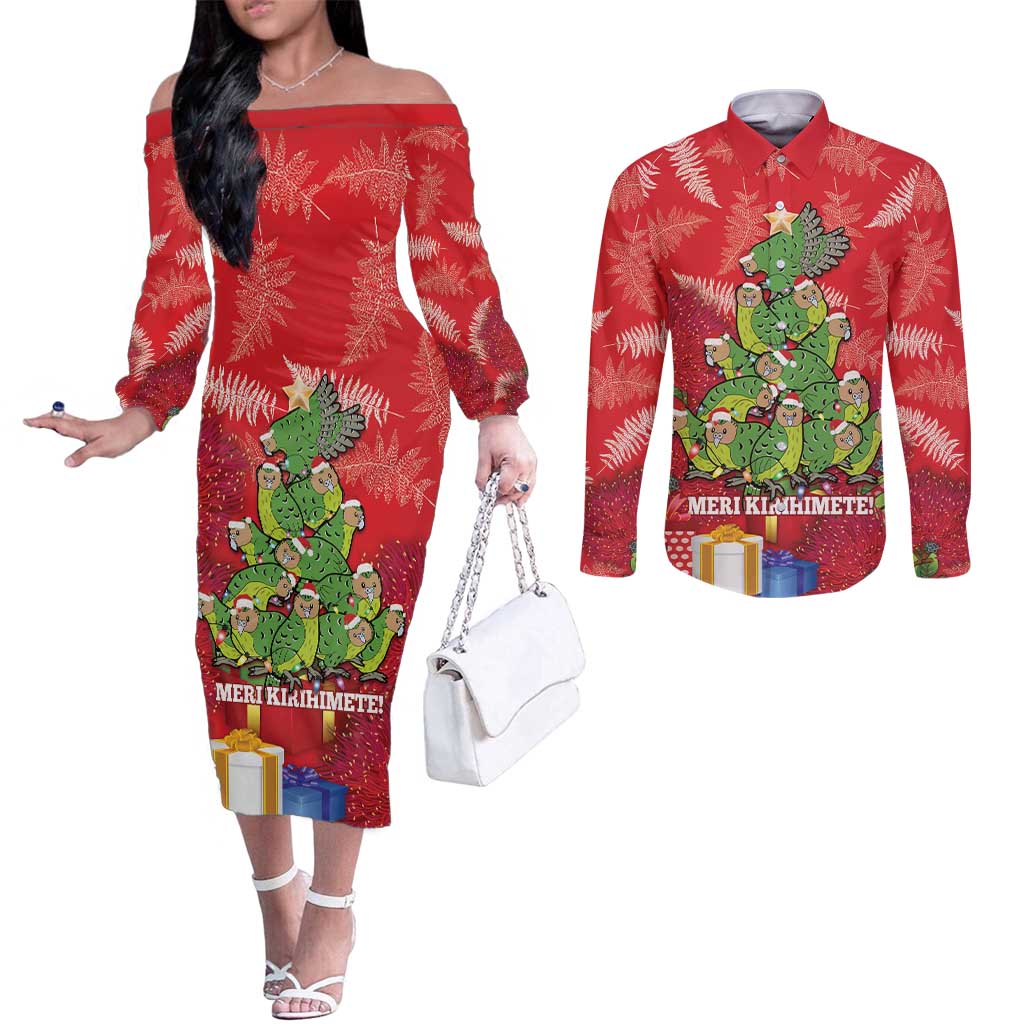 Kakapo New Zealand Christmas Couples Matching Off The Shoulder Long Sleeve Dress and Long Sleeve Button Shirt Meri Kirihimete Pohutukawa - Red Color LT14 Red - Polynesian Pride