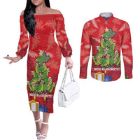 Kakapo New Zealand Christmas Couples Matching Off The Shoulder Long Sleeve Dress and Long Sleeve Button Shirt Meri Kirihimete Pohutukawa - Red Color LT14 Red - Polynesian Pride