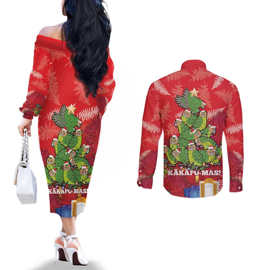 Kakapo New Zealand Christmas Couples Matching Off The Shoulder Long Sleeve Dress and Long Sleeve Button Shirt Meri Kirihimete Pohutukawa - Red Color LT14 - Polynesian Pride