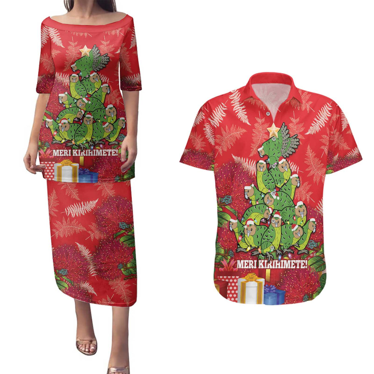 Kakapo New Zealand Christmas Couples Matching Puletasi and Hawaiian Shirt Meri Kirihimete Pohutukawa - Red Color LT14 Red - Polynesian Pride