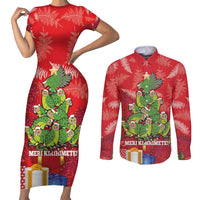 Kakapo New Zealand Christmas Couples Matching Short Sleeve Bodycon Dress and Long Sleeve Button Shirt Meri Kirihimete Pohutukawa - Red Color LT14 Red - Polynesian Pride