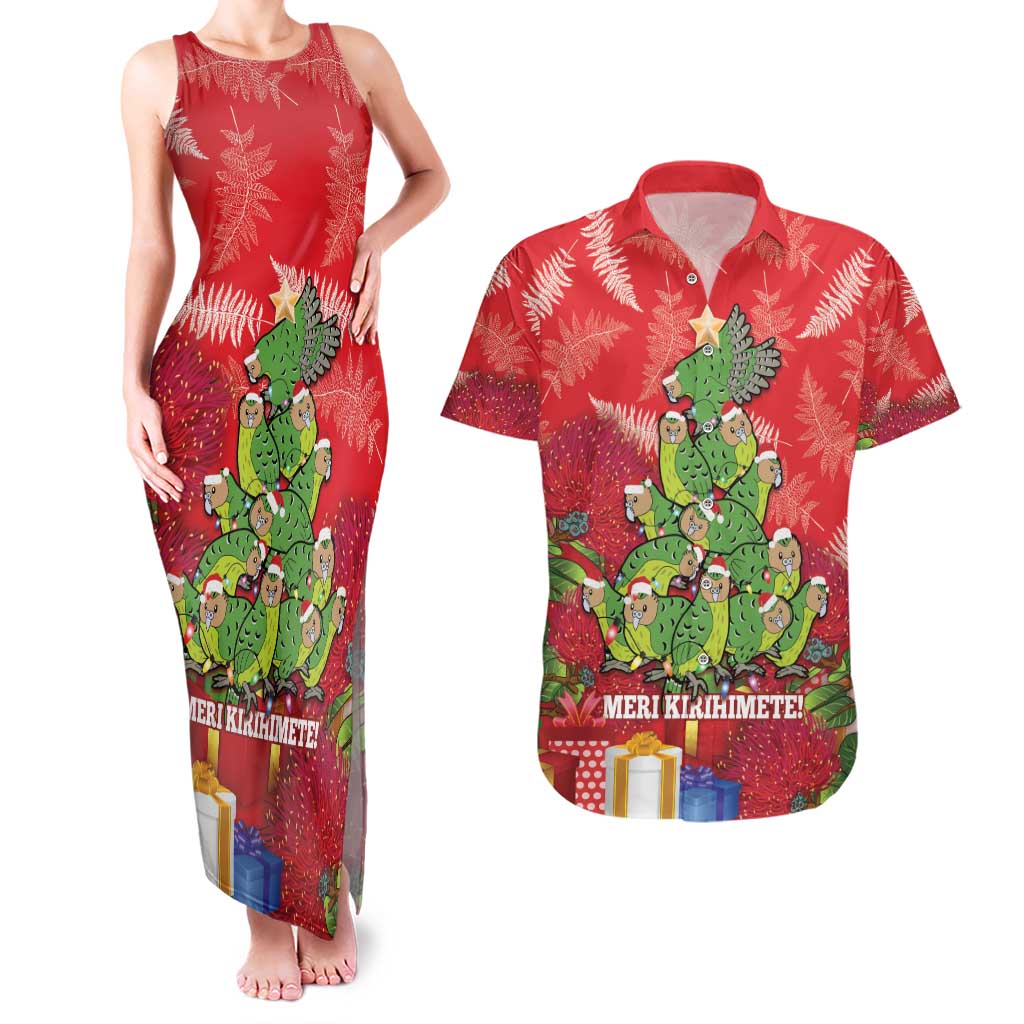 Kakapo New Zealand Christmas Couples Matching Tank Maxi Dress and Hawaiian Shirt Meri Kirihimete Pohutukawa - Red Color LT14 Red - Polynesian Pride