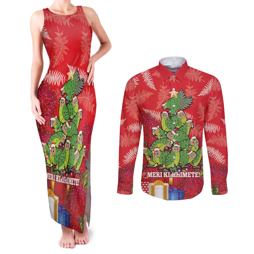 Kakapo New Zealand Christmas Couples Matching Tank Maxi Dress and Long Sleeve Button Shirt Meri Kirihimete Pohutukawa - Red Color LT14 Red - Polynesian Pride