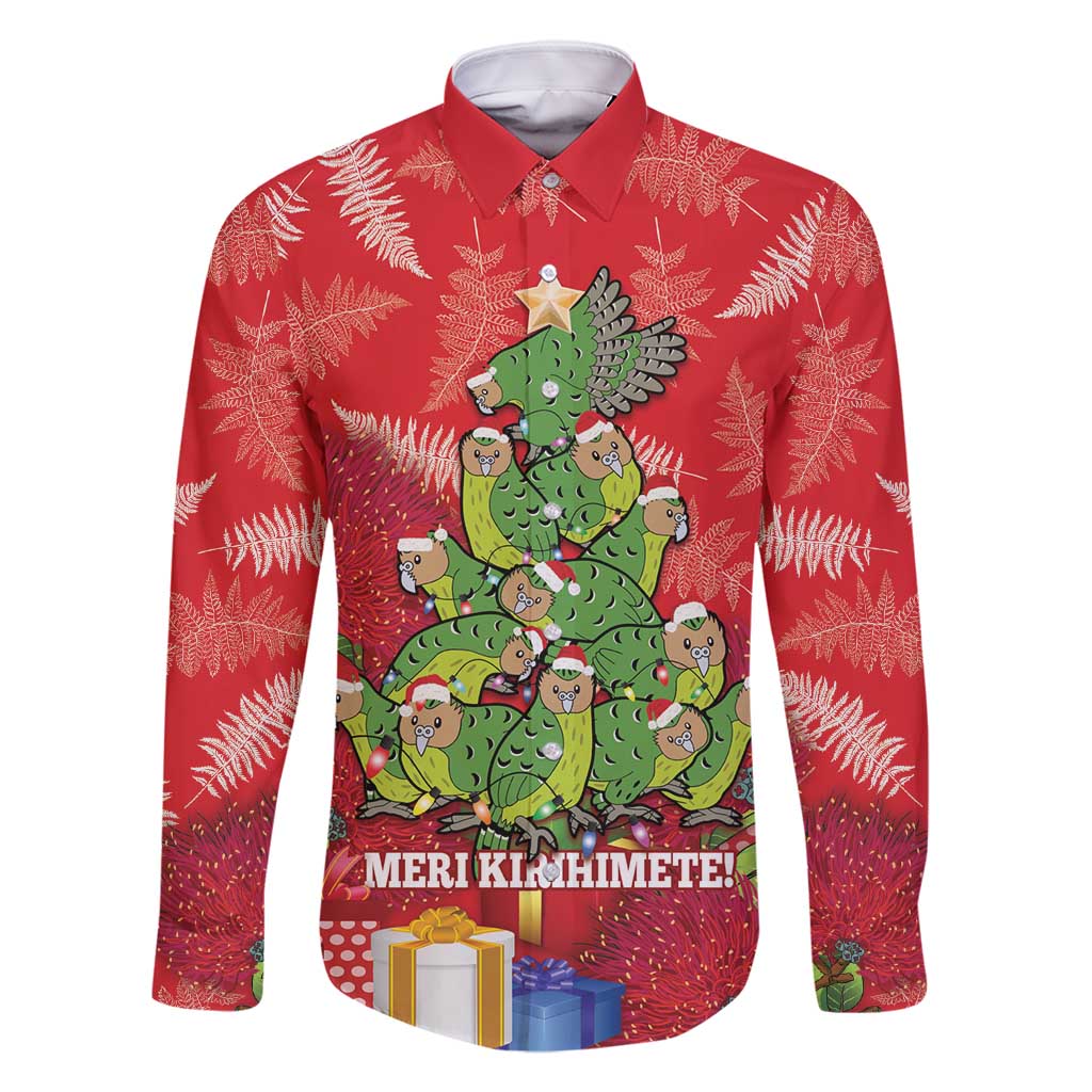 Kakapo New Zealand Christmas Family Matching Long Sleeve Bodycon Dress and Hawaiian Shirt Meri Kirihimete Pohutukawa - Red Color LT14 Dad's Shirt - Long Sleeve Red - Polynesian Pride