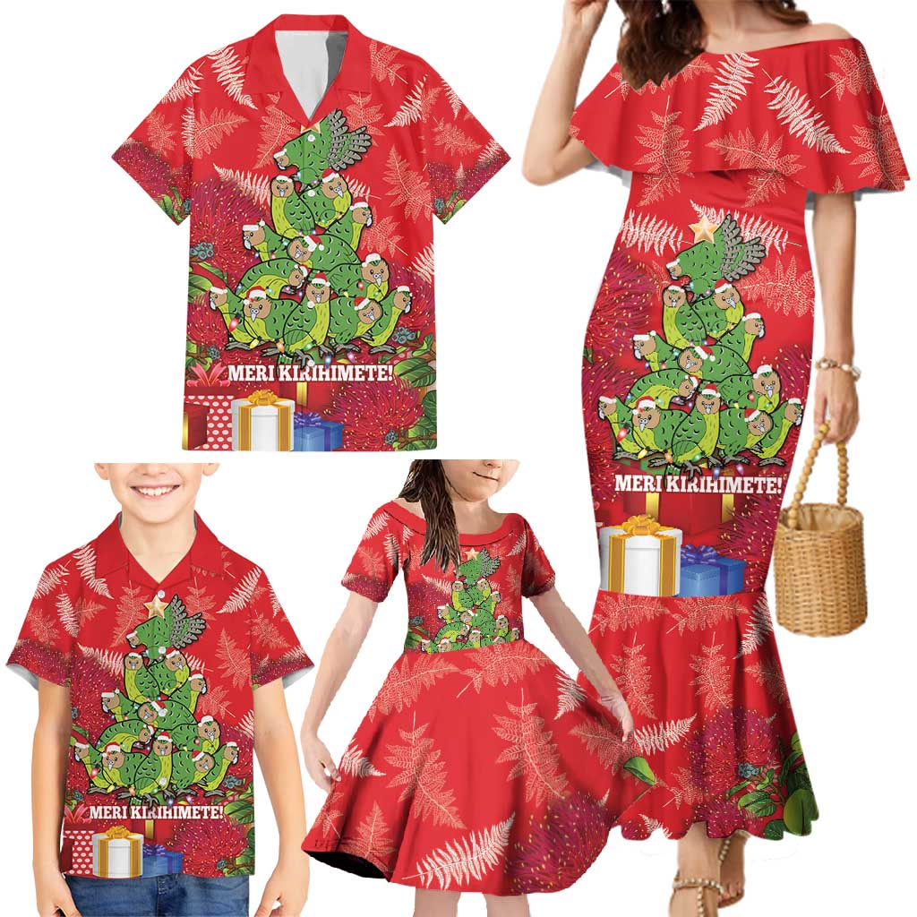 Kakapo New Zealand Christmas Family Matching Mermaid Dress and Hawaiian Shirt Meri Kirihimete Pohutukawa - Red Color LT14 - Polynesian Pride