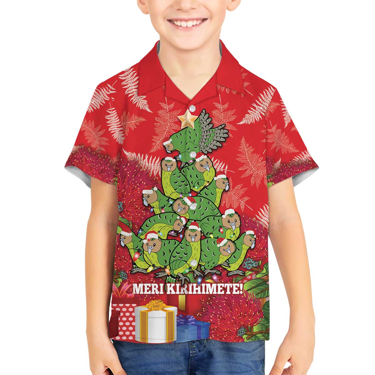 Kakapo New Zealand Christmas Family Matching Off The Shoulder Long Sleeve Dress and Hawaiian Shirt Meri Kirihimete Pohutukawa - Red Color LT14 Son's Shirt Red - Polynesian Pride