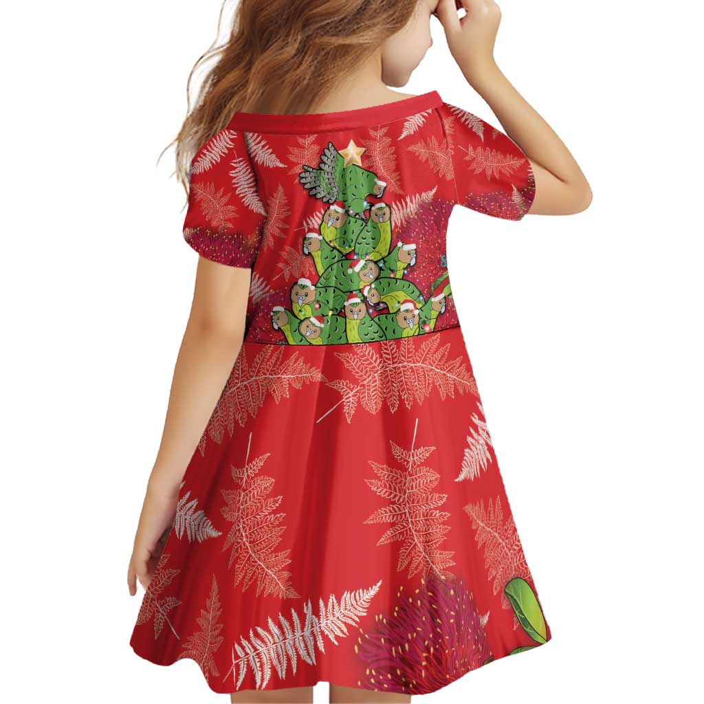 Kakapo New Zealand Christmas Family Matching Off Shoulder Short Dress and Hawaiian Shirt Meri Kirihimete Pohutukawa - Red Color LT14 - Polynesian Pride