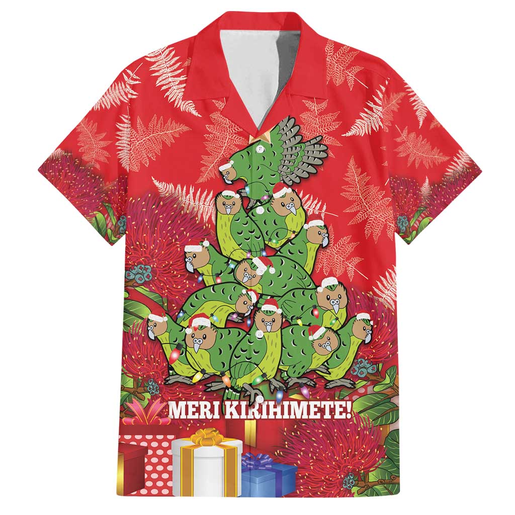 Kakapo New Zealand Christmas Family Matching Off Shoulder Short Dress and Hawaiian Shirt Meri Kirihimete Pohutukawa - Red Color LT14 Dad's Shirt - Short Sleeve Red - Polynesian Pride