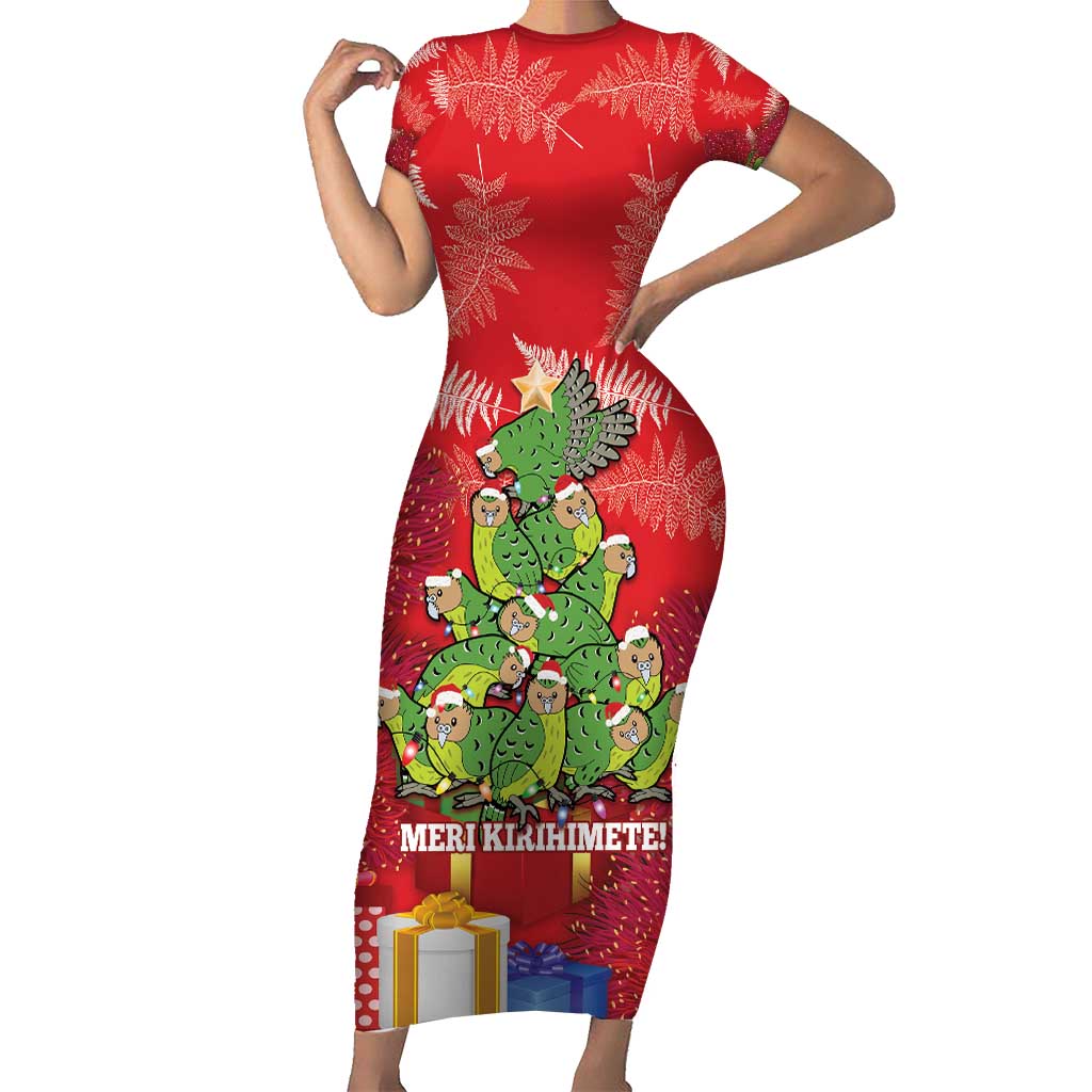 Kakapo New Zealand Christmas Family Matching Short Sleeve Bodycon Dress and Hawaiian Shirt Meri Kirihimete Pohutukawa - Red Color LT14 Mom's Dress Red - Polynesian Pride