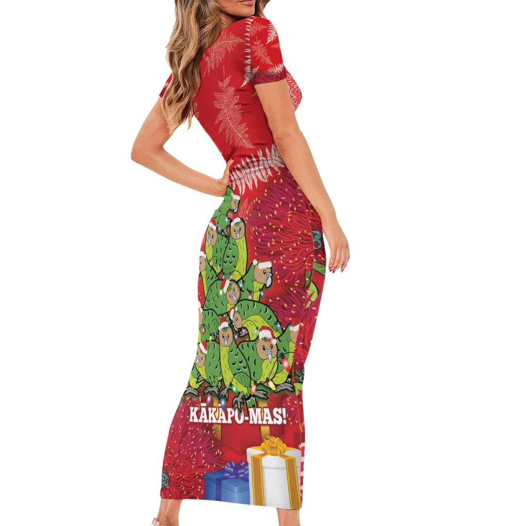 Kakapo New Zealand Christmas Family Matching Short Sleeve Bodycon Dress and Hawaiian Shirt Meri Kirihimete Pohutukawa - Red Color LT14 - Polynesian Pride