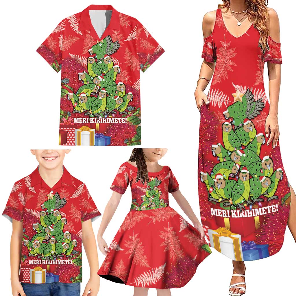 Kakapo New Zealand Christmas Family Matching Summer Maxi Dress and Hawaiian Shirt Meri Kirihimete Pohutukawa - Red Color LT14 - Polynesian Pride