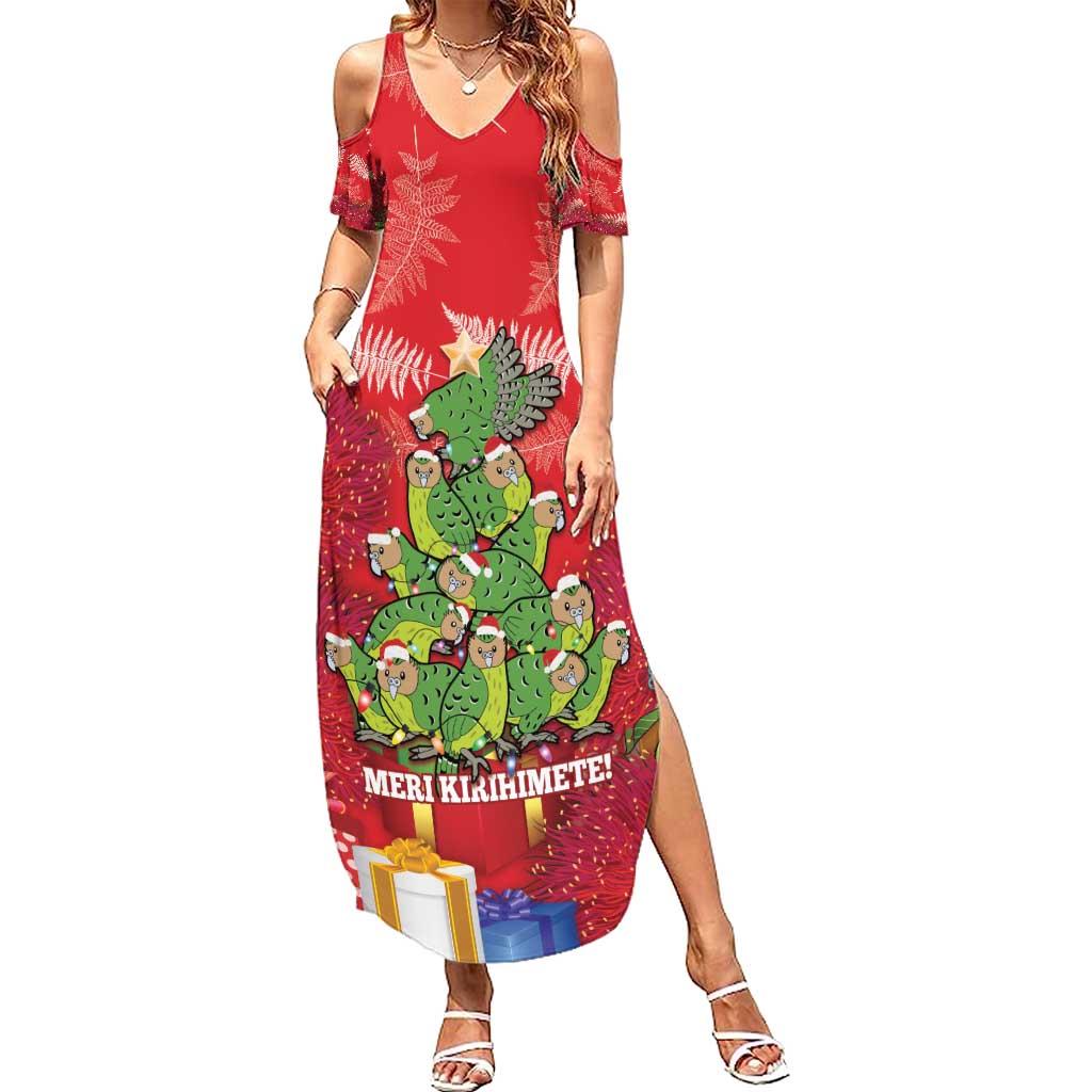 Kakapo New Zealand Christmas Family Matching Summer Maxi Dress and Hawaiian Shirt Meri Kirihimete Pohutukawa - Red Color LT14 Mom's Dress Red - Polynesian Pride