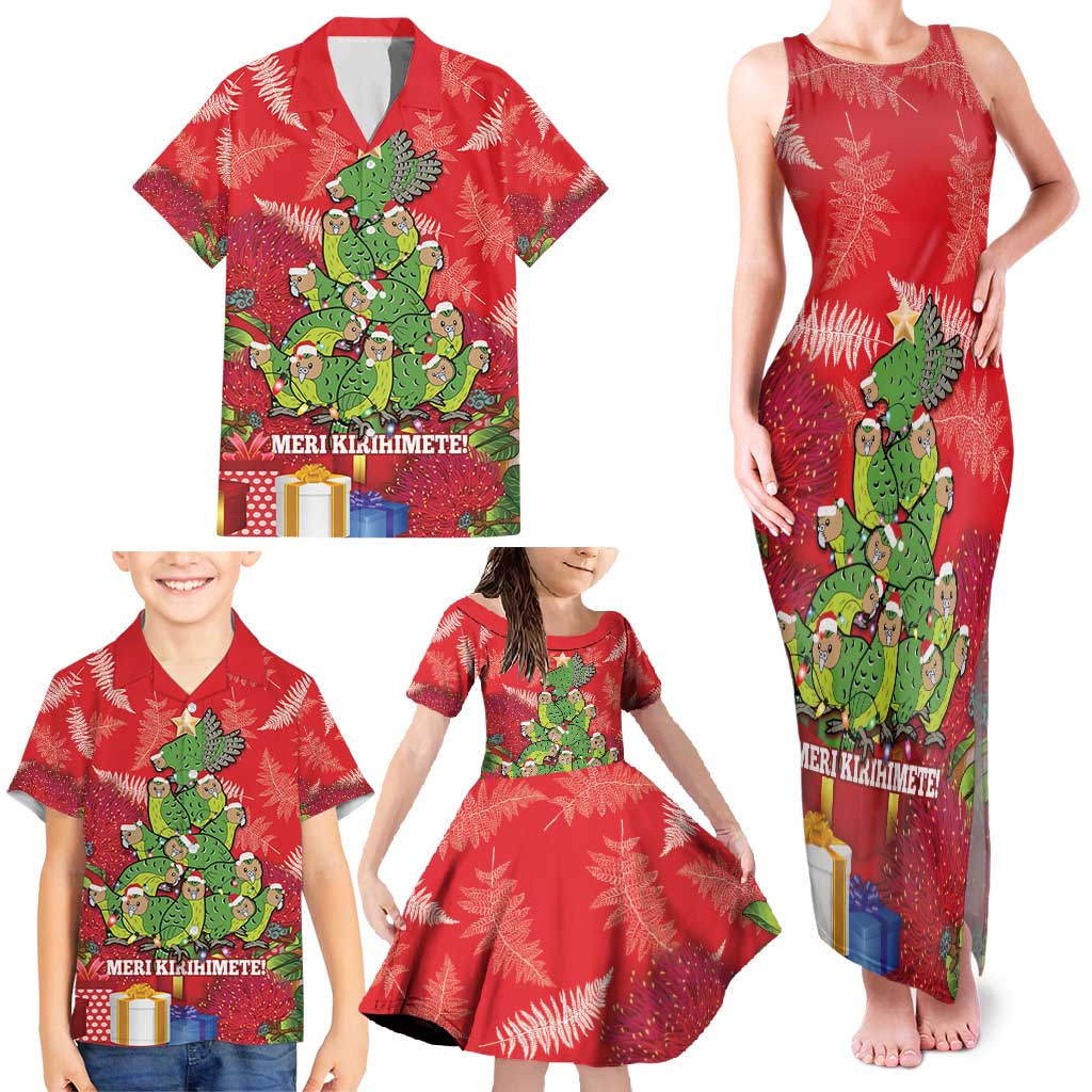 Kakapo New Zealand Christmas Family Matching Tank Maxi Dress and Hawaiian Shirt Meri Kirihimete Pohutukawa - Red Color LT14 - Polynesian Pride