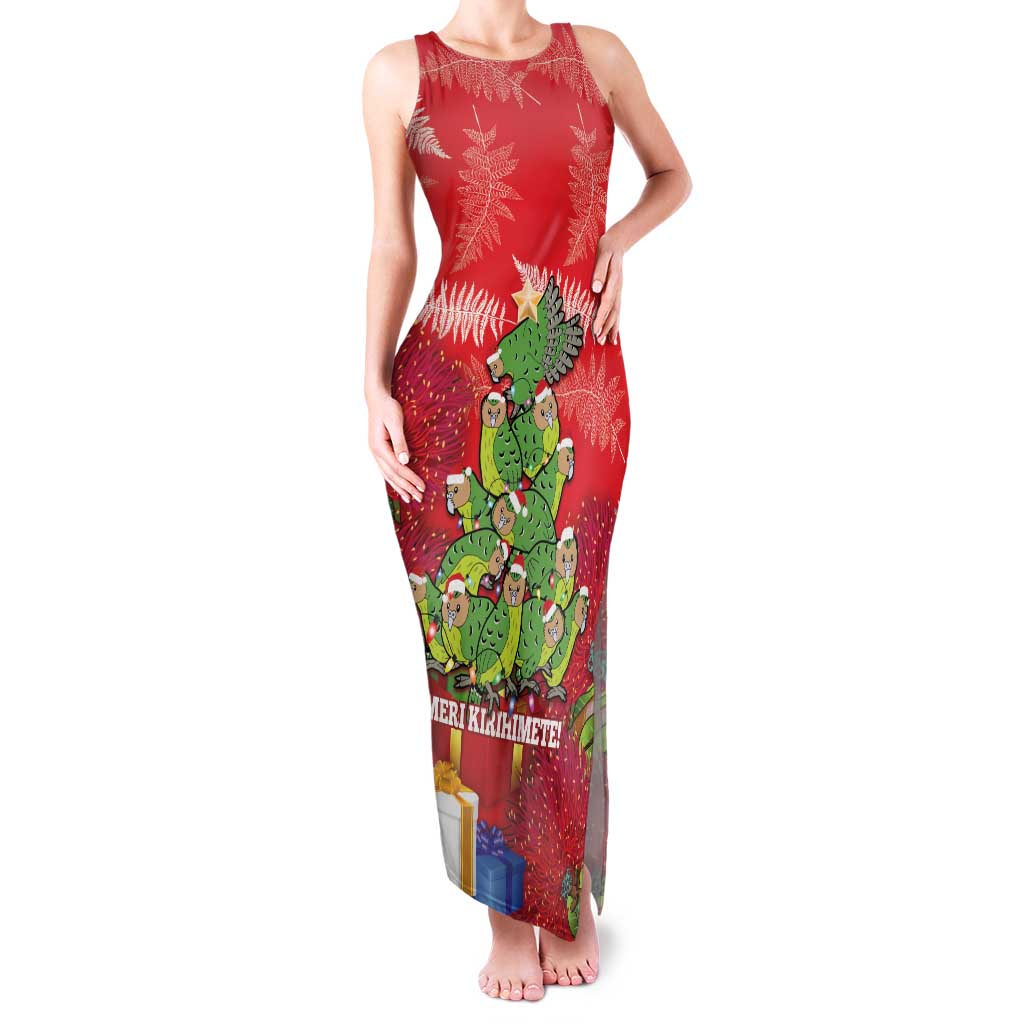 Kakapo New Zealand Christmas Family Matching Tank Maxi Dress and Hawaiian Shirt Meri Kirihimete Pohutukawa - Red Color LT14 Mom's Dress Red - Polynesian Pride