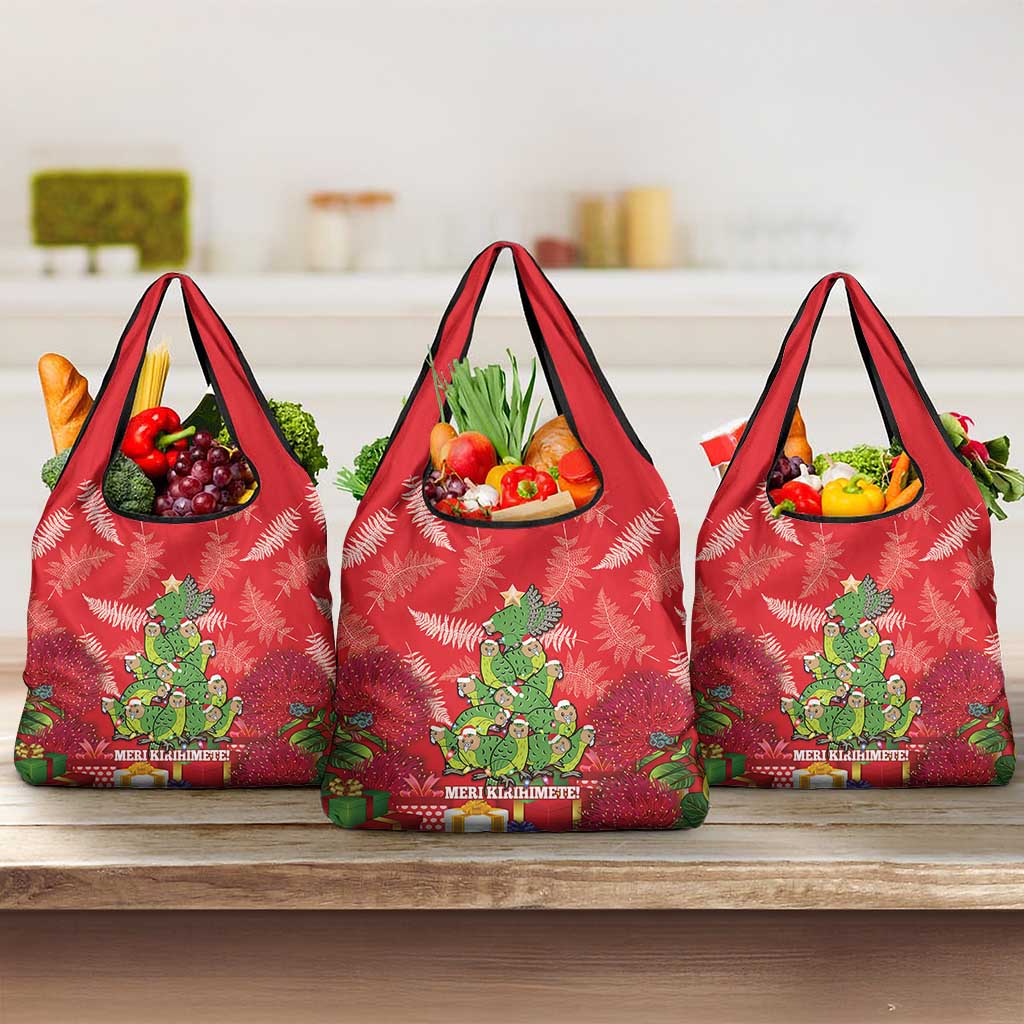 Kakapo New Zealand Christmas Grocery Bag Meri Kirihimete Pohutukawa - Red Color LT14 3-pack One Size Red - Polynesian Pride
