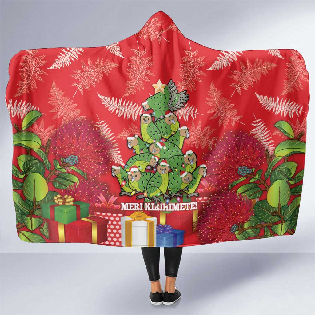 Kakapo New Zealand Christmas Hooded Blanket Meri Kirihimete Pohutukawa - Red Color LT14 One Size Red - Polynesian Pride
