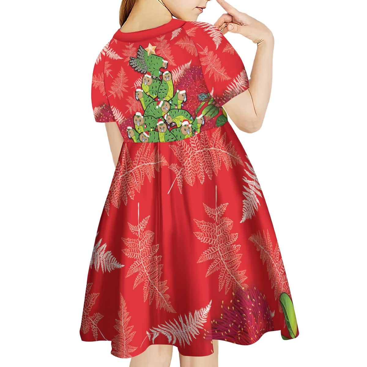 Kakapo New Zealand Christmas Kid Short Sleeve Dress Meri Kirihimete Pohutukawa - Red Color LT14 - Polynesian Pride