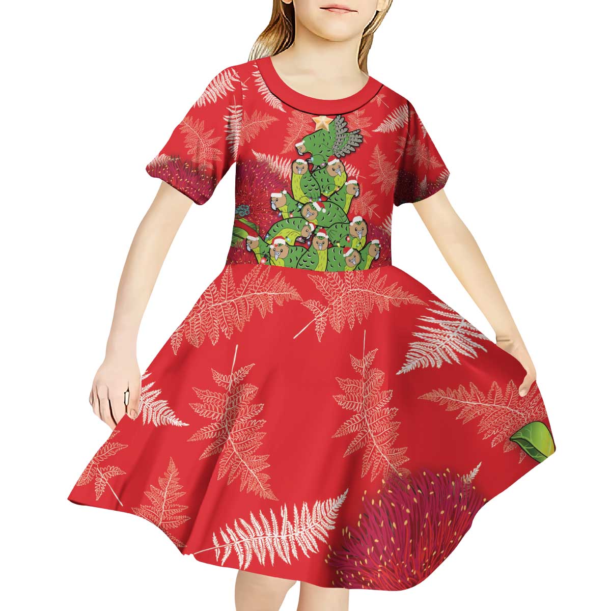Kakapo New Zealand Christmas Kid Short Sleeve Dress Meri Kirihimete Pohutukawa - Red Color LT14 - Polynesian Pride