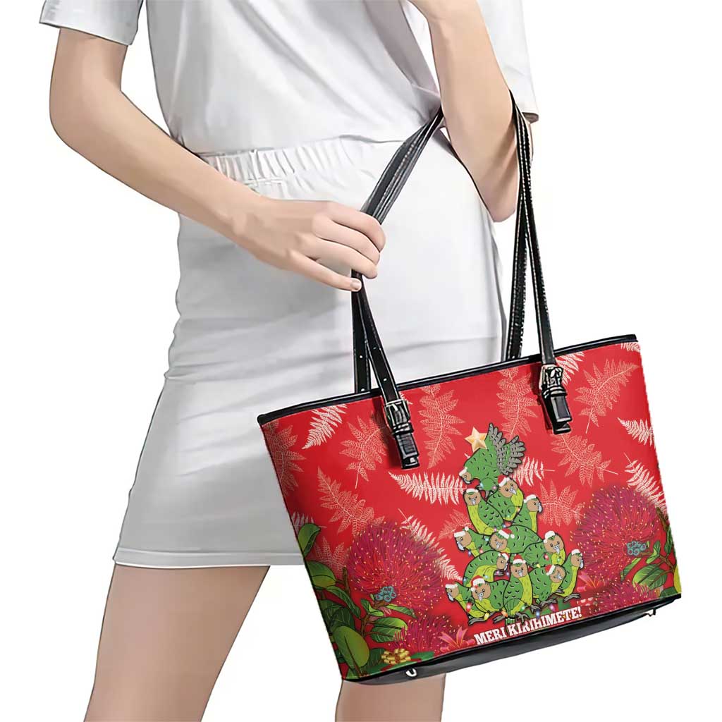 Kakapo New Zealand Christmas Leather Tote Bag Meri Kirihimete Pohutukawa - Red Color LT14 - Polynesian Pride