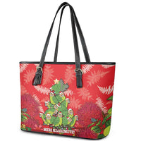 Kakapo New Zealand Christmas Leather Tote Bag Meri Kirihimete Pohutukawa - Red Color LT14 - Polynesian Pride