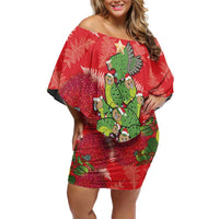 Kakapo New Zealand Christmas Off Shoulder Short Dress Meri Kirihimete Pohutukawa - Red Color LT14 Women Red - Polynesian Pride