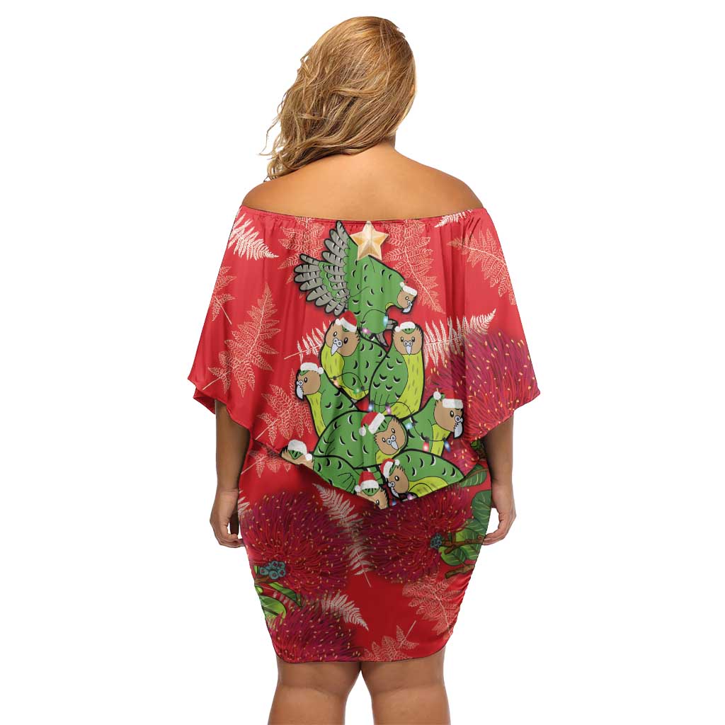 Kakapo New Zealand Christmas Off Shoulder Short Dress Meri Kirihimete Pohutukawa - Red Color LT14 - Polynesian Pride