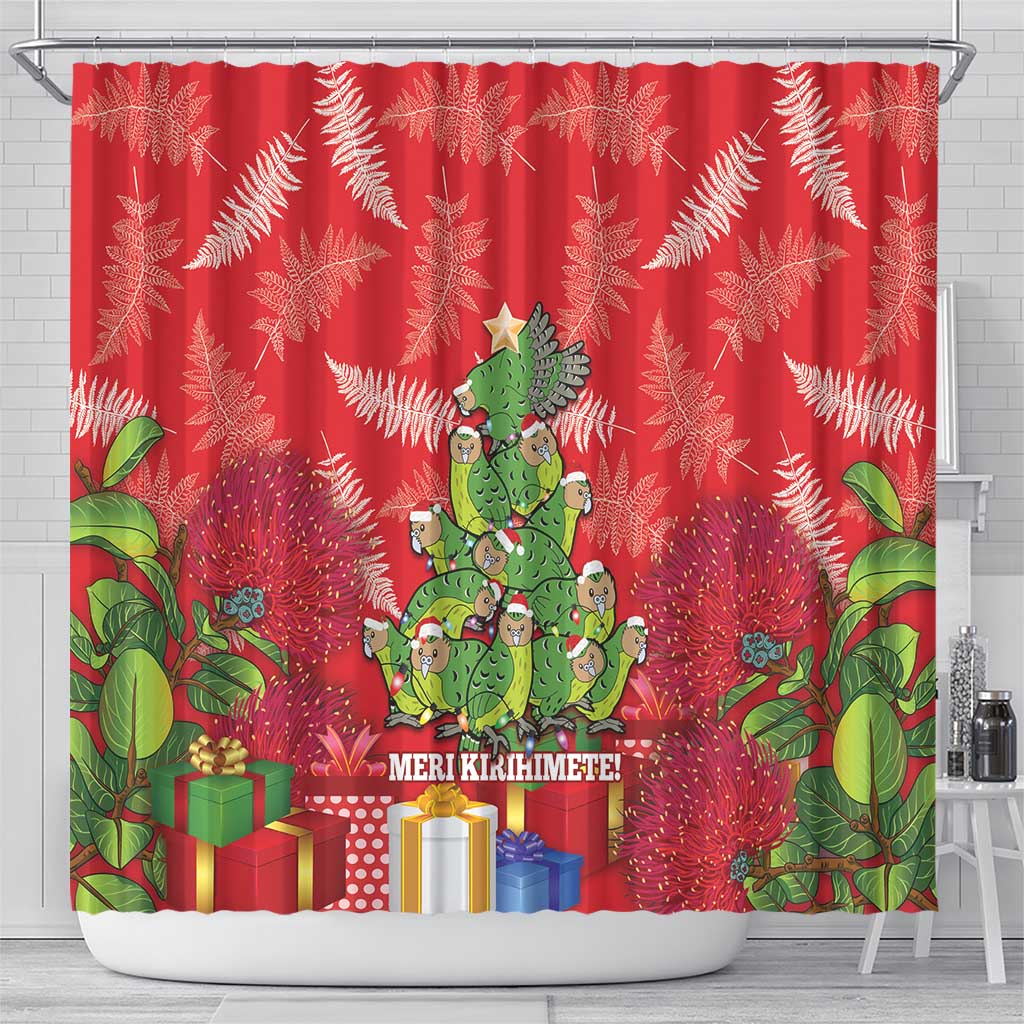 Kakapo New Zealand Christmas Shower Curtain Meri Kirihimete Pohutukawa - Red Color LT14 - Polynesian Pride