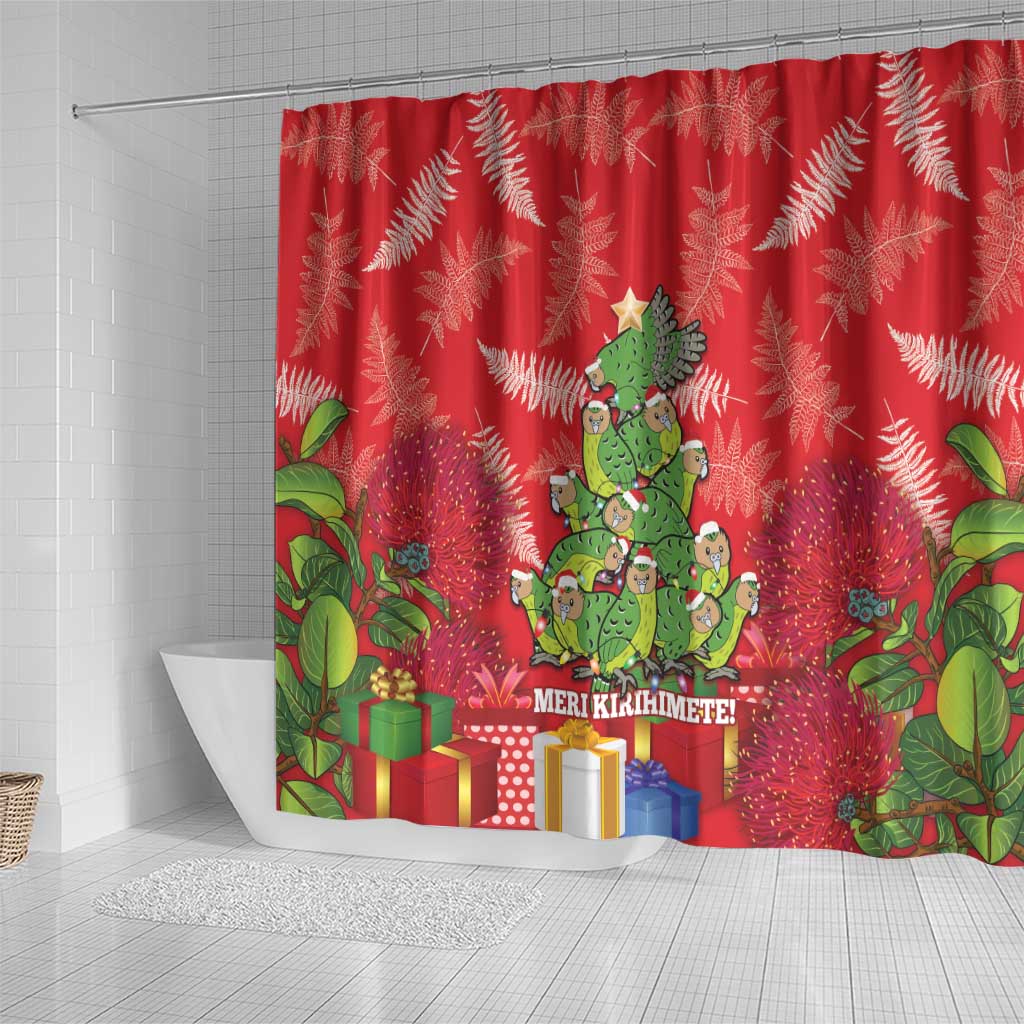 Kakapo New Zealand Christmas Shower Curtain Meri Kirihimete Pohutukawa - Red Color LT14 - Polynesian Pride