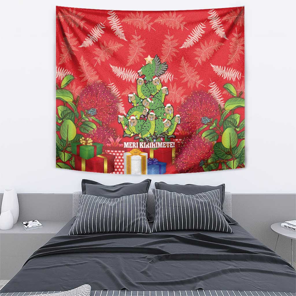 Kakapo New Zealand Christmas Tapestry Meri Kirihimete Pohutukawa - Red Color