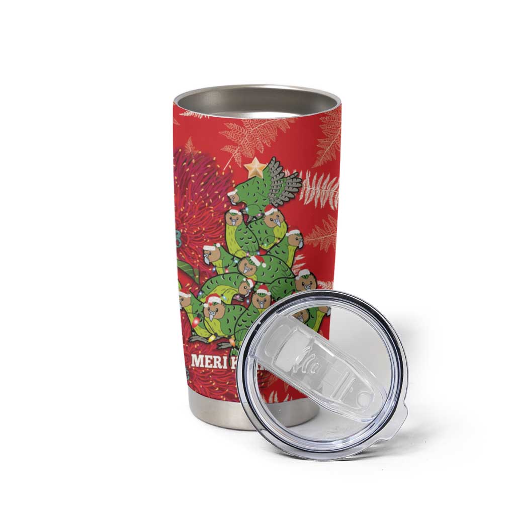Kakapo New Zealand Christmas Tumbler Cup Meri Kirihimete Pohutukawa - Red Color LT14 - Polynesian Pride