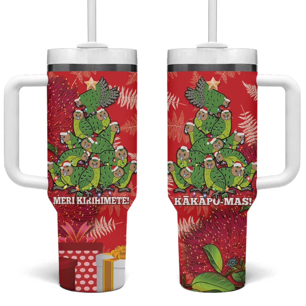 Kakapo New Zealand Christmas Tumbler With Handle Meri Kirihimete Pohutukawa - Red Color LT14 One Size: 40 oz Red - Polynesian Pride