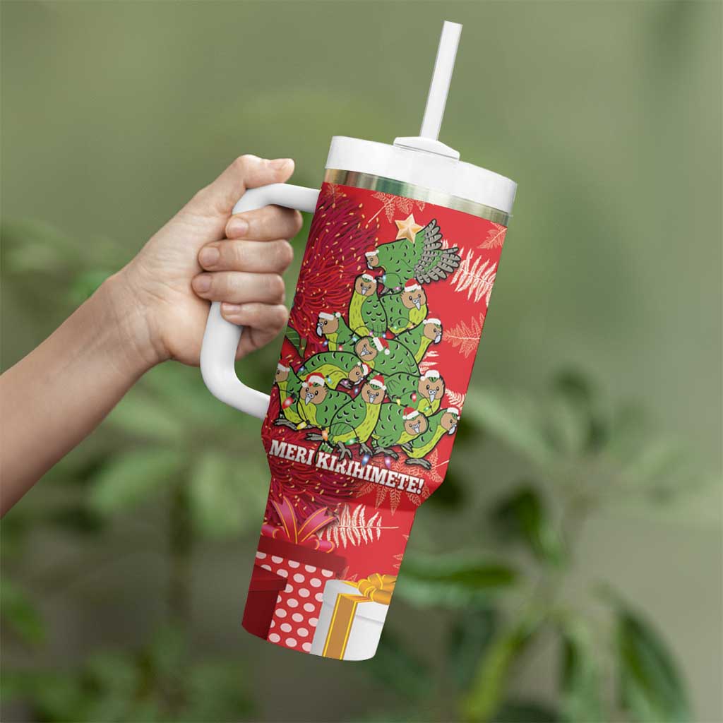 Kakapo New Zealand Christmas Tumbler With Handle Meri Kirihimete Pohutukawa - Red Color LT14 - Polynesian Pride