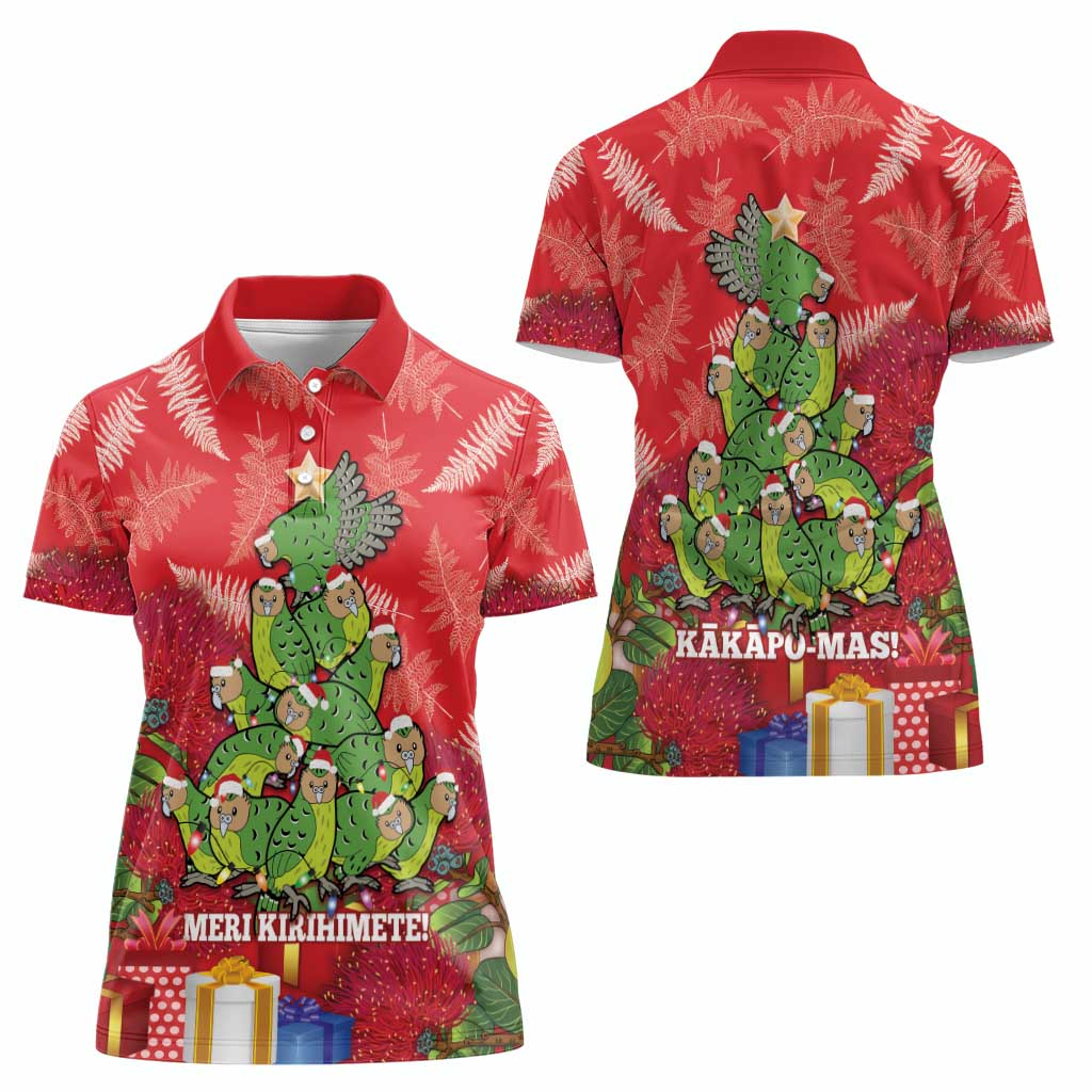 Kakapo New Zealand Christmas Women Polo Shirt Meri Kirihimete Pohutukawa - Red Color LT14 - Polynesian Pride