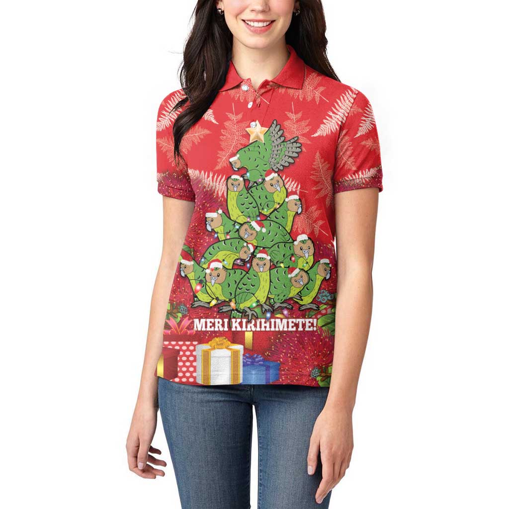 Kakapo New Zealand Christmas Women Polo Shirt Meri Kirihimete Pohutukawa - Red Color LT14 - Polynesian Pride