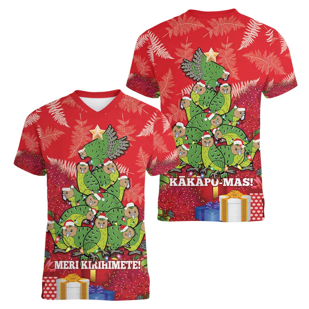 Kakapo New Zealand Christmas Women V-Neck T-Shirt Meri Kirihimete Pohutukawa - Red Color