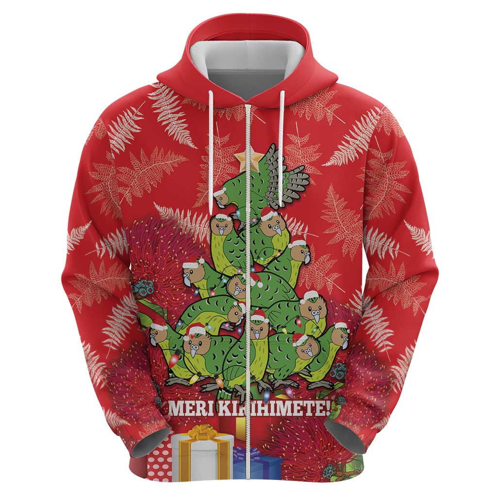 Kakapo New Zealand Christmas Zip Hoodie Meri Kirihimete Pohutukawa - Red Color LT14 - Polynesian Pride