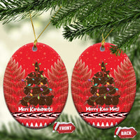 Kiwi New Zealand Christmas Ceramic Ornament Meri Kirihimete Silver Fern - Red Color
