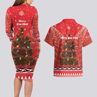 Kiwi New Zealand Christmas Couples Matching Long Sleeve Bodycon Dress and Hawaiian Shirt Meri Kirihimete Silver Fern - Red Color LT14 - Polynesian Pride