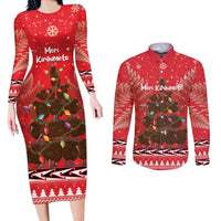 Kiwi New Zealand Christmas Couples Matching Long Sleeve Bodycon Dress and Long Sleeve Button Shirt Meri Kirihimete Silver Fern - Red Color LT14 Red - Polynesian Pride