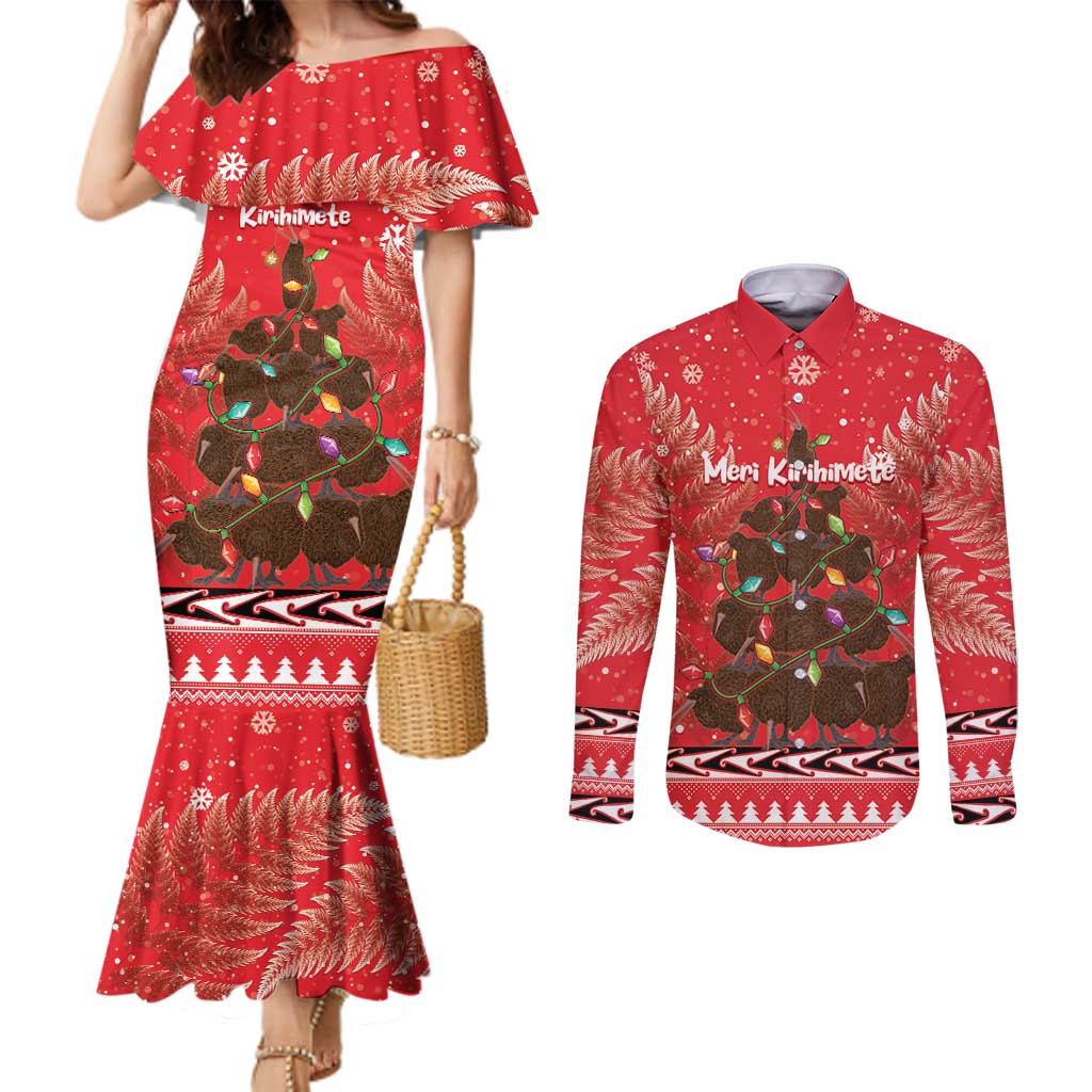 Kiwi New Zealand Christmas Couples Matching Mermaid Dress and Long Sleeve Button Shirt Meri Kirihimete Silver Fern - Red Color LT14 Red - Polynesian Pride