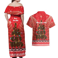 Kiwi New Zealand Christmas Couples Matching Off Shoulder Maxi Dress and Hawaiian Shirt Meri Kirihimete Silver Fern - Red Color LT14 - Polynesian Pride