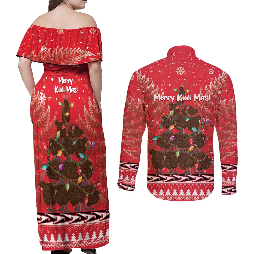 Kiwi New Zealand Christmas Couples Matching Off Shoulder Maxi Dress and Long Sleeve Button Shirt Meri Kirihimete Silver Fern - Red Color LT14 - Polynesian Pride